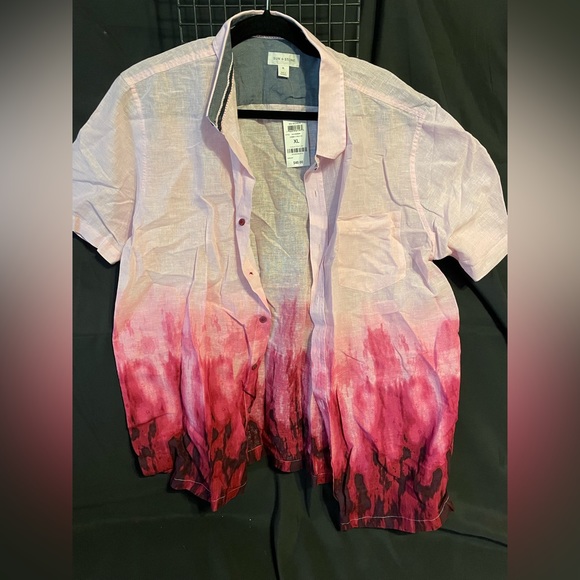 Sun + Stone Mens Milo Ombre Linen Blend Short Sleeve Button Down Shirt Pink XL - Picture 3 of 5